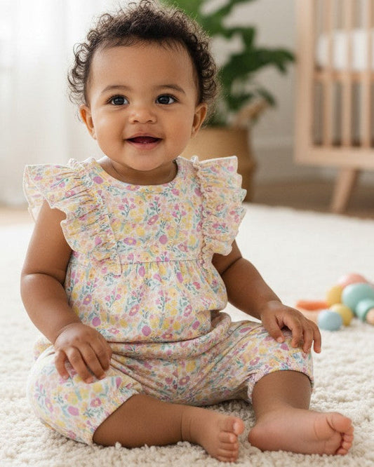 Calla Lily Cosmetics + CL kids pastel floral ruffle romper made from organic cotton for baby girls.