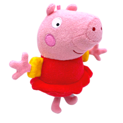 Plush toy of a pink character in a red dress on a white background