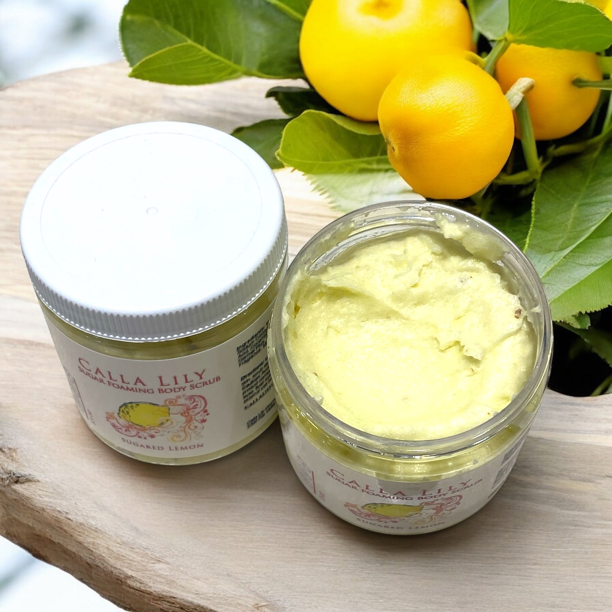 Sugared Lemon Sugar Scrub one jar open to show texture