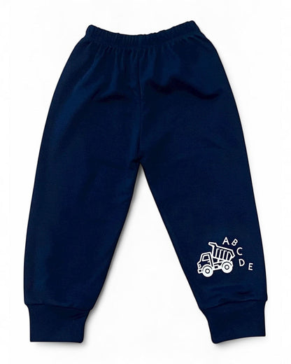 Navy blue sweatpants with a white truck and letter design on a white background
