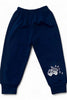 Navy blue sweatpants with a white truck and letter design on a white background