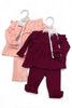 Baby outfit set with pink top and pants and burgundy top and pants on hangers against a white background.