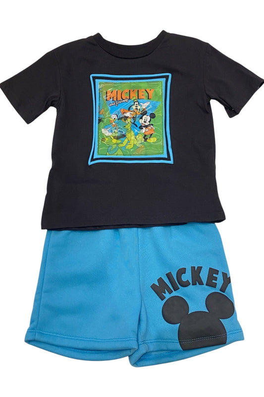 Black t-shirt with a colorful graphic and blue shorts with 'Mickey' print on a white background