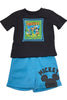 Black t-shirt with a colorful graphic and blue shorts with 'Mickey' print on a white background