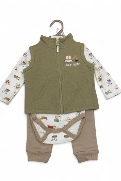 Children's outfit with green vest, patterned shirt, and brown pants on a white background