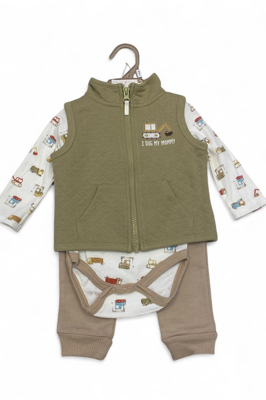 Children's outfit with green vest, patterned shirt, and brown pants on a white background