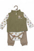 Children's outfit with green vest, patterned shirt, and brown pants on a white background