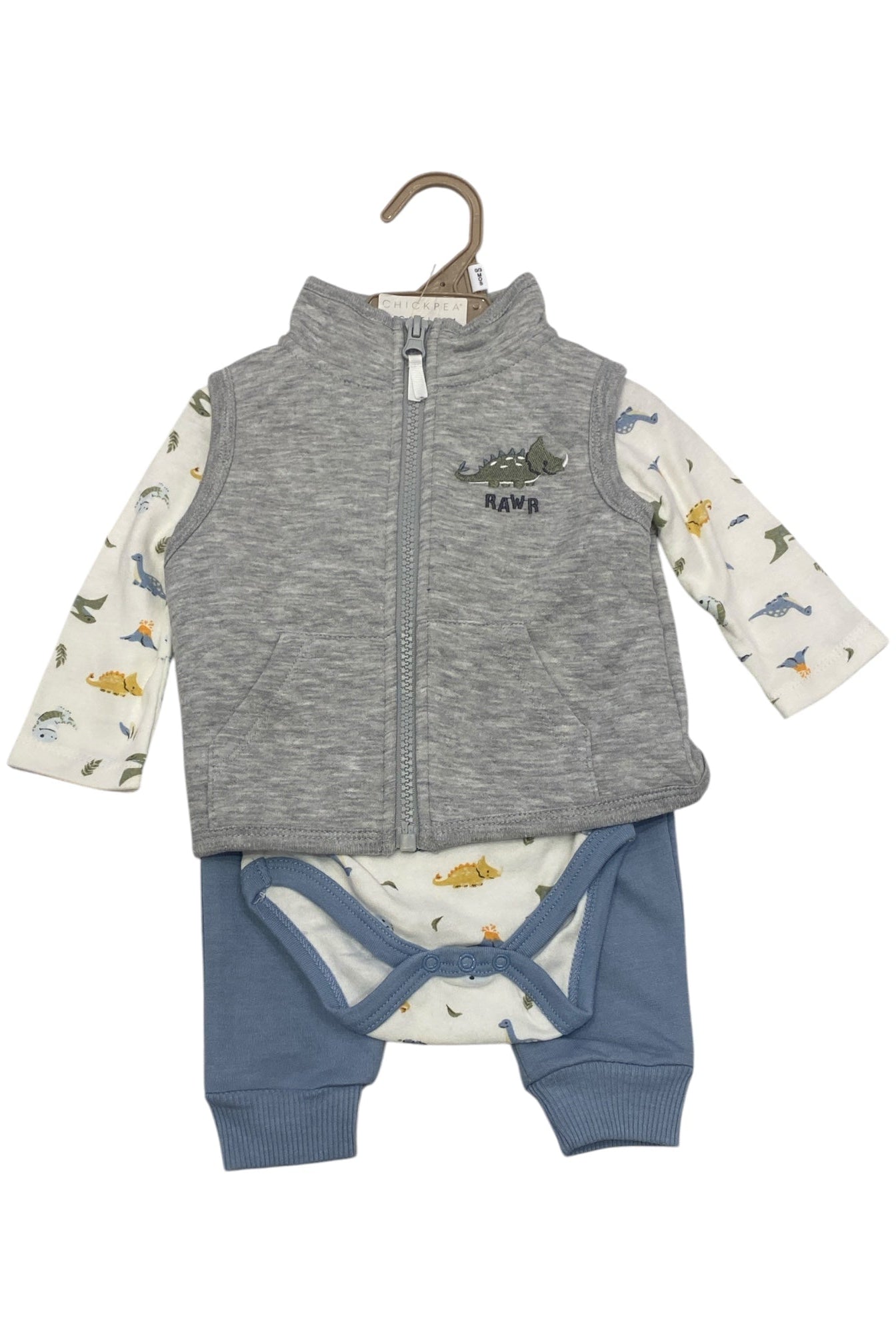 Baby outfit with gray jacket, blue pants, and patterned shirt on a white background