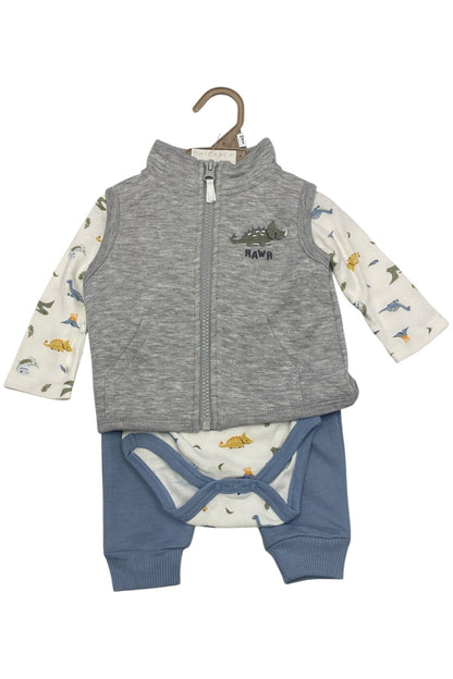 Baby outfit with gray jacket, blue pants, and patterned shirt on a white background
