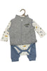 Baby outfit with gray jacket, blue pants, and patterned shirt on a white background