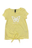 Yellow t-shirt with a white butterfly design and text on a white background