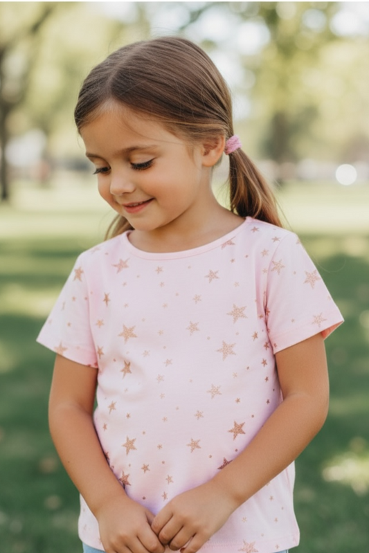 Young girl wearing a pink star-patterned shirt standing in a park.