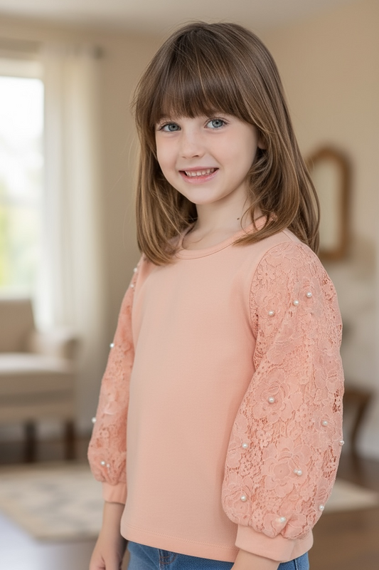 Pink Lace & Pearl Sleeve Top