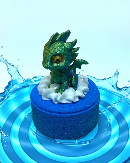 Calla Lily Cosmetics + CL kids Water Dragon bath bomb with a green 3D printed dragon toy and blueberry scent