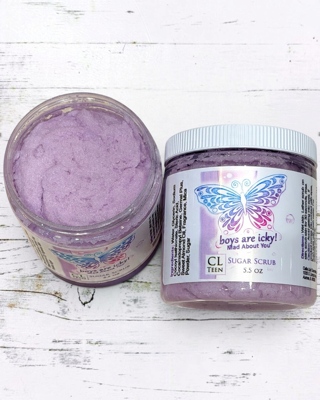 Calla Lily Cosmetics + CL kids Mad About You foaming sugar scrub in a 5.5 oz jar with a purple exfoliating texture.