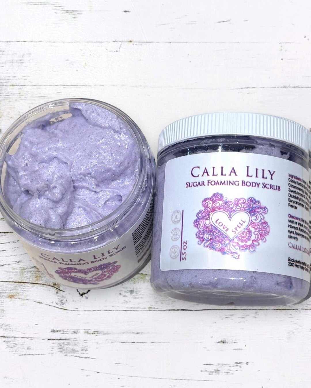 Calla Lily Cosmetics + CL kids Love Spell foaming sugar scrub in a 5.5 oz jar with light purple exfoliating texture