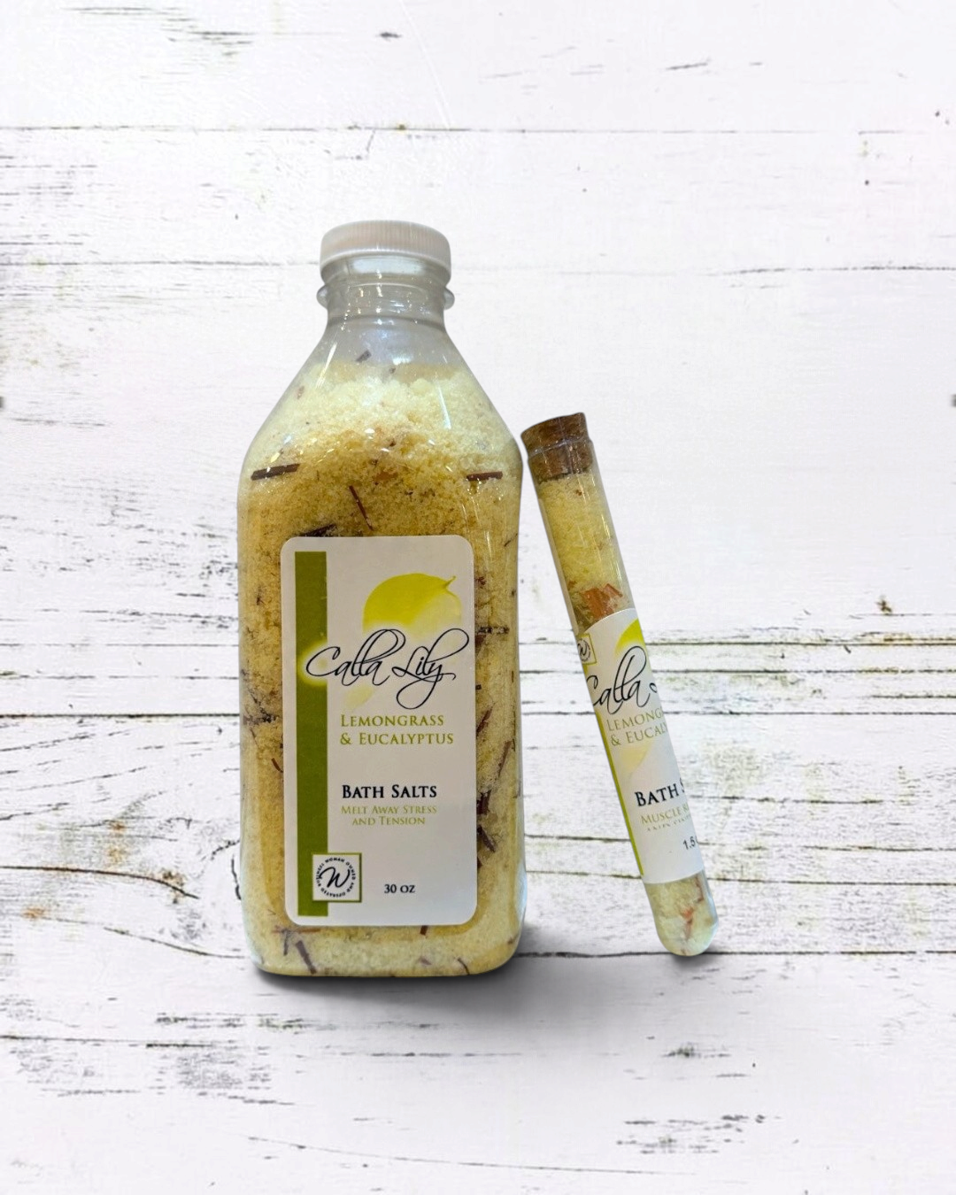 Calla Lily Cosmetics + CL kids lemongrass and eucalyptus bath salts in a large bottle and small glass test tube