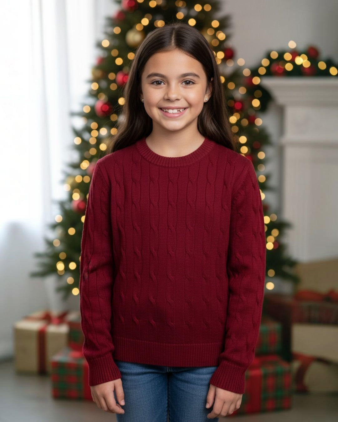 Red Long Sleeve Cable Sweater
