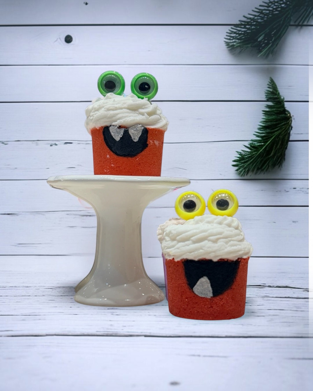 Calla Lily Cosmetics + CL kids monster bath bombs shaped like cupcakes with googly eyes and bubble bath icing