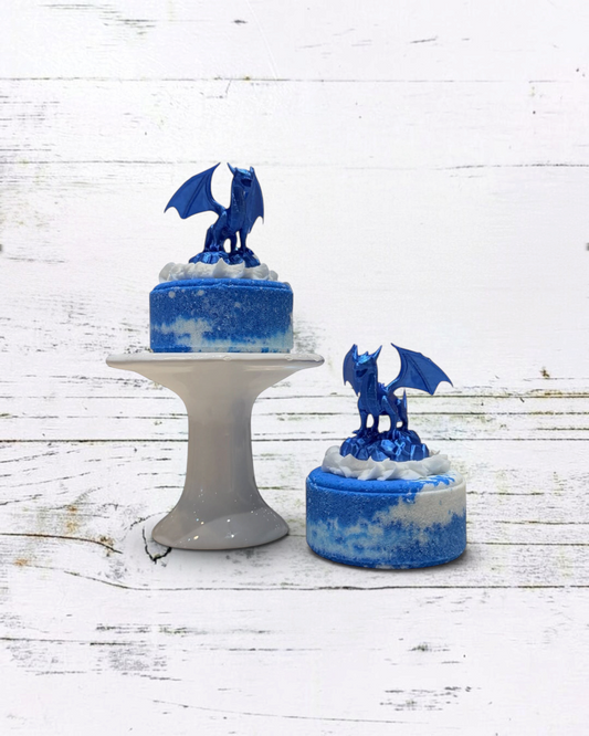 Calla Lily Cosmetics + CL kids blue dragon bath bombs with 3D printed toy toppers and blackberry magnolia scent