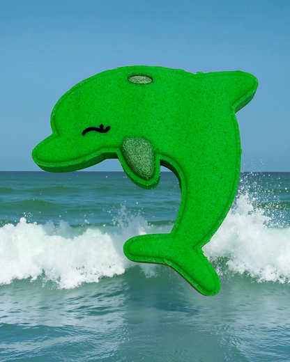 Calla Lily Cosmetics + CL kids green dolphin-shaped bath bomb with citrus scent for kids