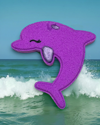 Calla Lily Cosmetics + CL kids purple dolphin-shaped bath bomb with grape scent and moisturizing cocoa butter