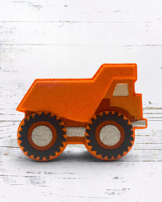 Calla Lily Cosmetics + CL kids orange dump truck shaped bath bomb with strawberry banana scent