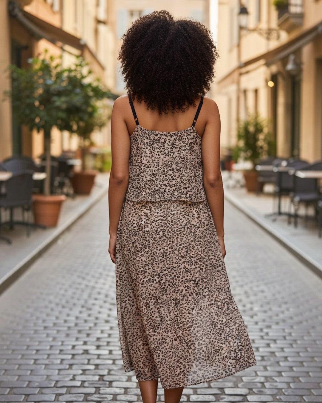 Woman in a floral dress walking down a street with buildings and plants in the background