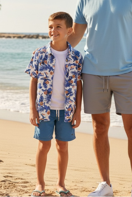 Man and young boy standing on a sandy beach with ocean and palm trees in the background