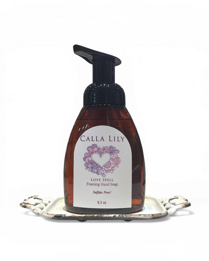 Calla Lily Cosmetics + CL kids Love Spell foaming hand soap in an 8oz amber pump bottle on a decorative tray