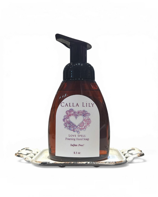 Calla Lily Cosmetics + CL kids Love Spell foaming hand soap in an 8oz amber pump bottle on a decorative tray