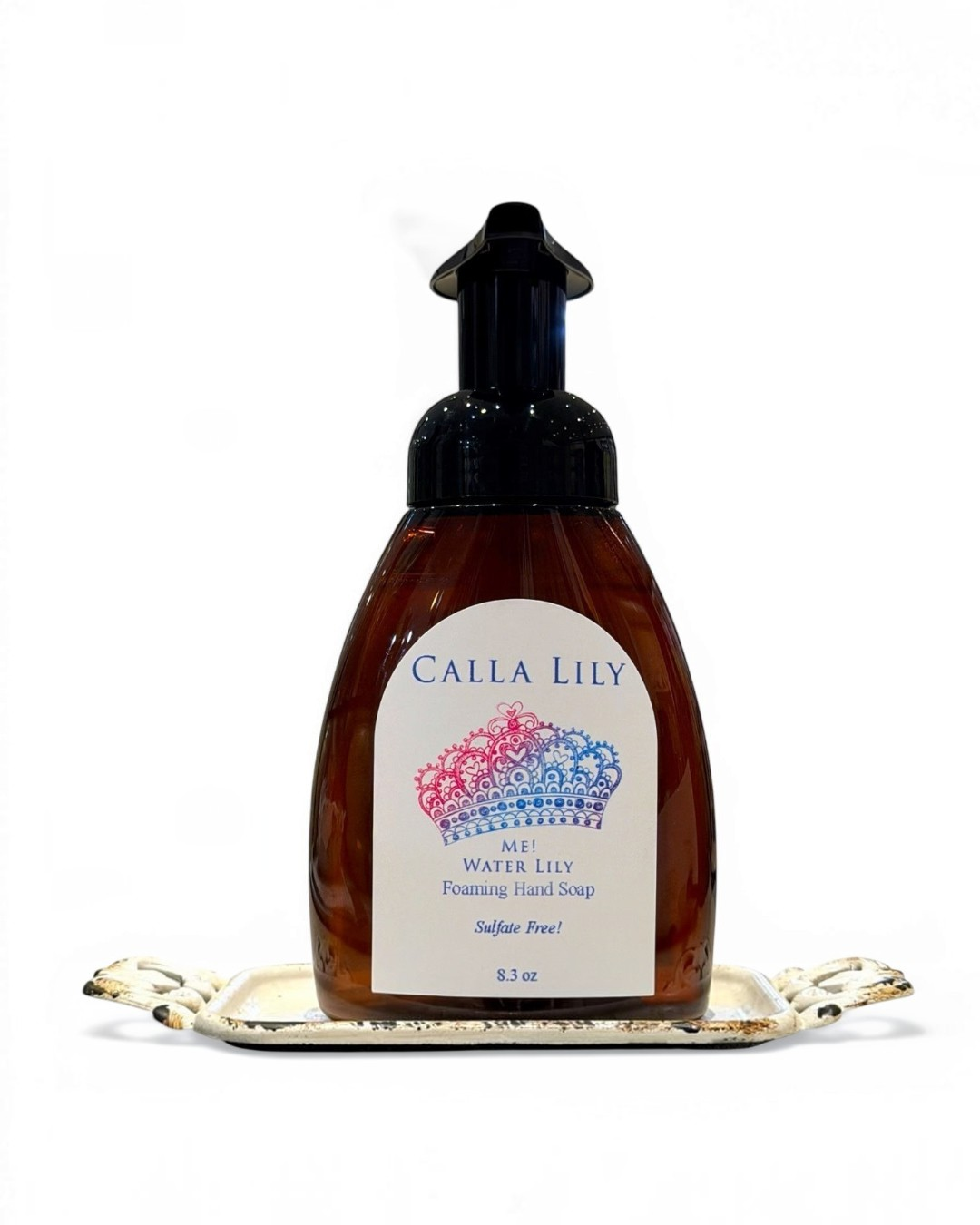 Calla Lily Cosmetics + CL kids Me! Water Lily foaming hand soap in an 8oz amber bottle with a black pump on a tray.