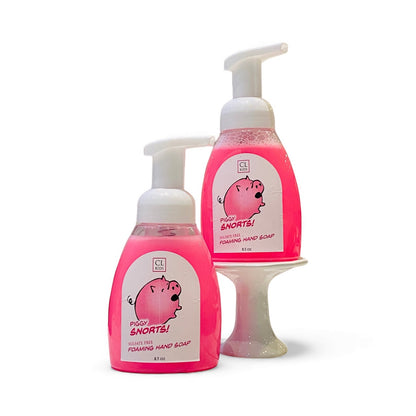 Two bottles of pink foaming hand soap with pump dispensers on a white background