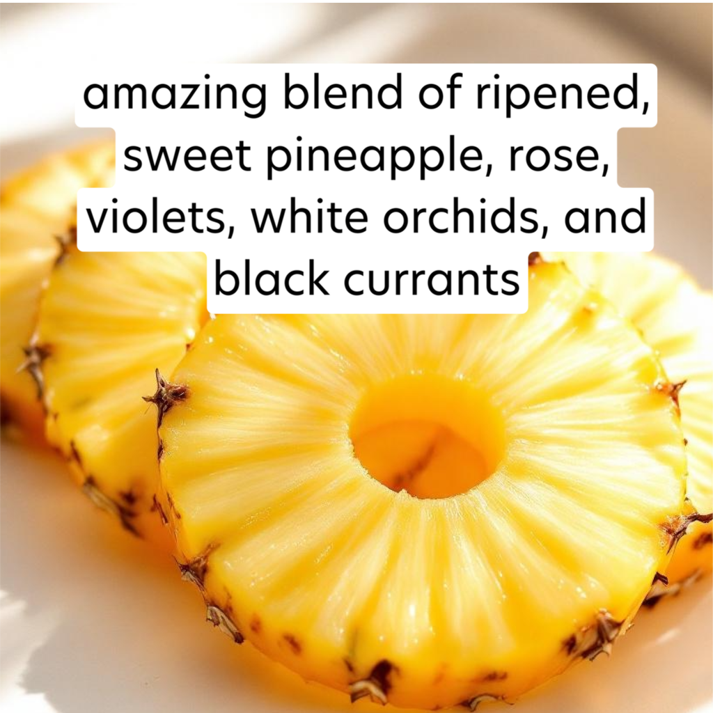 Sliced pineapple on a white plate with descriptive text overlay.