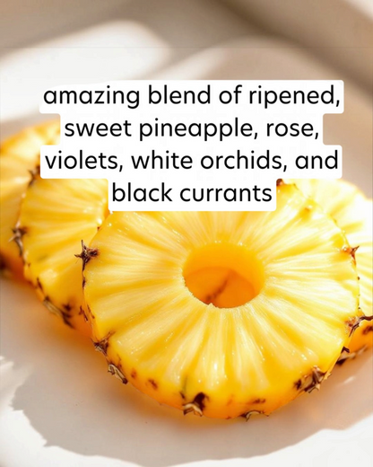Sliced pineapple on a white plate with descriptive text overlay.