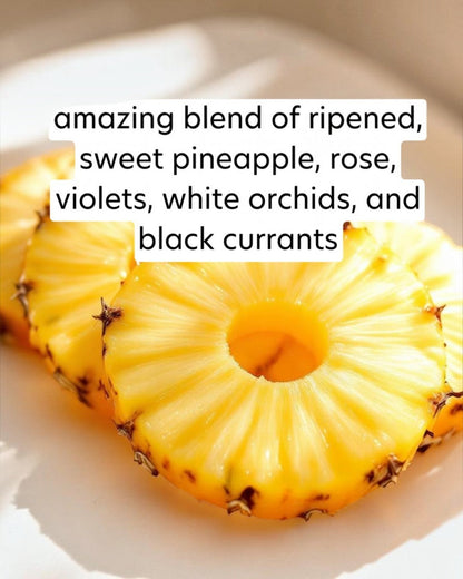 Sliced pineapple on a white plate with descriptive text overlay.