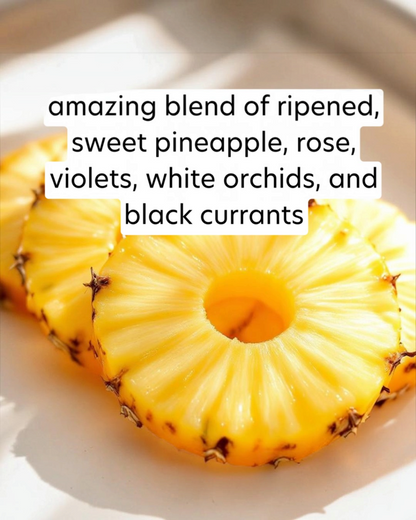 Sliced pineapple on a white plate with descriptive text overlay.