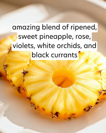 Sliced pineapple on a white plate with descriptive text overlay.