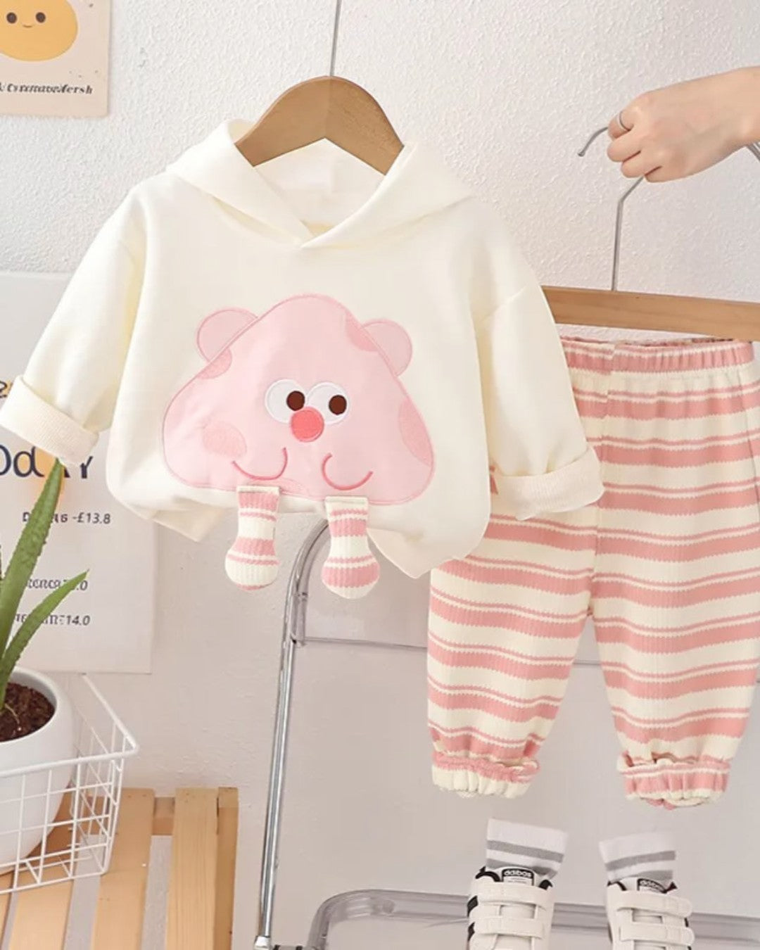 Pink Cartoon Hoodie with Striped Joggers - Calla Lily Cosmetics + CL kids