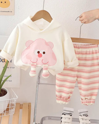 Pink Cartoon Hoodie with Striped Joggers - Calla Lily Cosmetics + CL kids