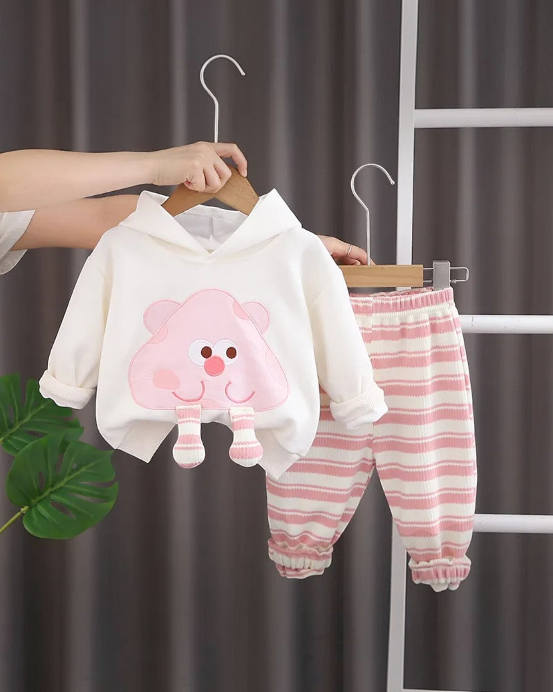 Pink Cartoon Hoodie with Striped Joggers - Calla Lily Cosmetics + CL kids
