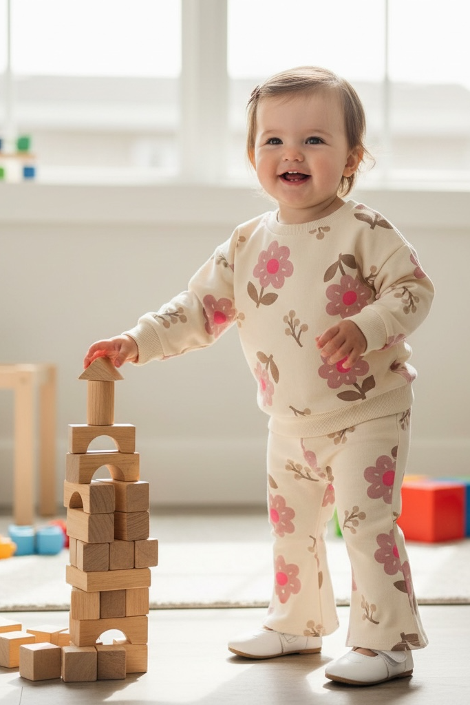 Child playing with wooden blocks in a bright room