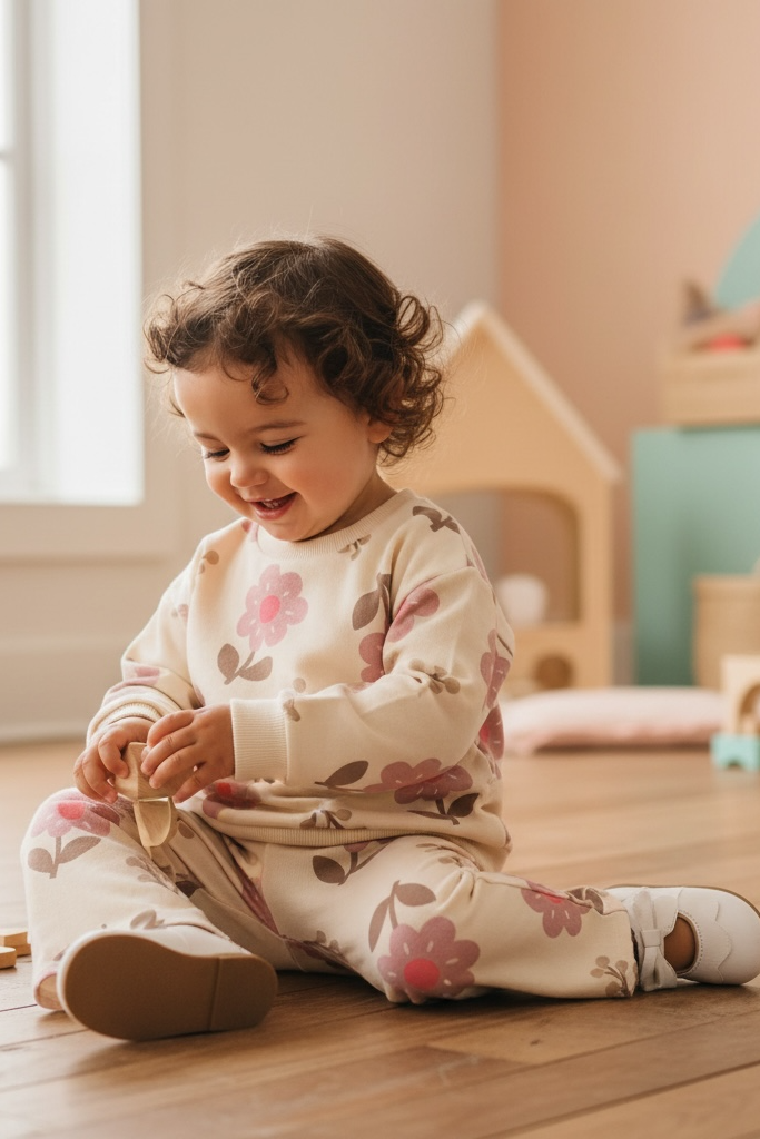 Child sitting on a wooden floor in a room with toys and a lamp.