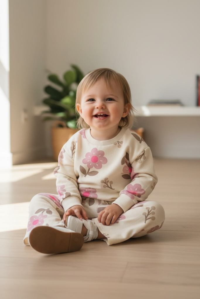 Child sitting on a wooden floor in a bright room with a window and plant in the background.