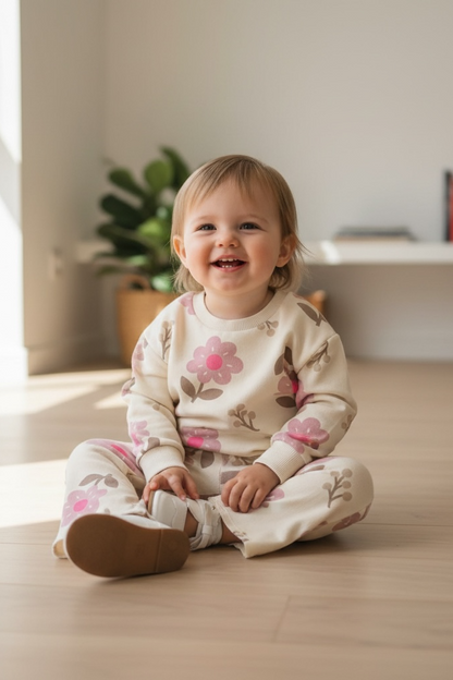 Child sitting on a wooden floor in a bright room with a window and plant in the background.