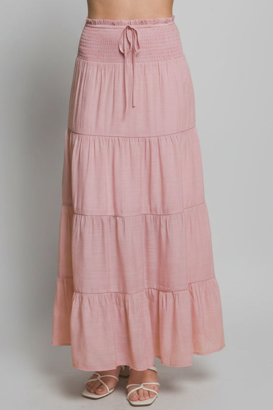 Pink Smocked Tiered Maxi Skirt