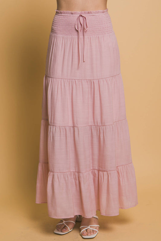 Pink Smocked Tiered Maxi Skirt