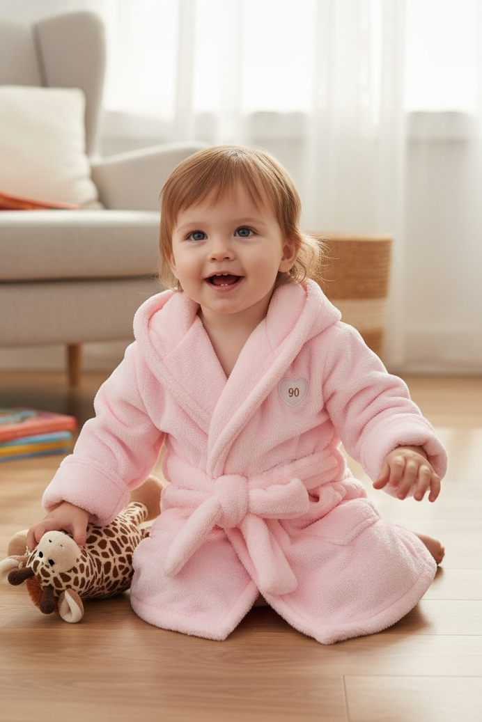 Child wearing a pink robe sitting on a wooden floor with a toy in a living room.