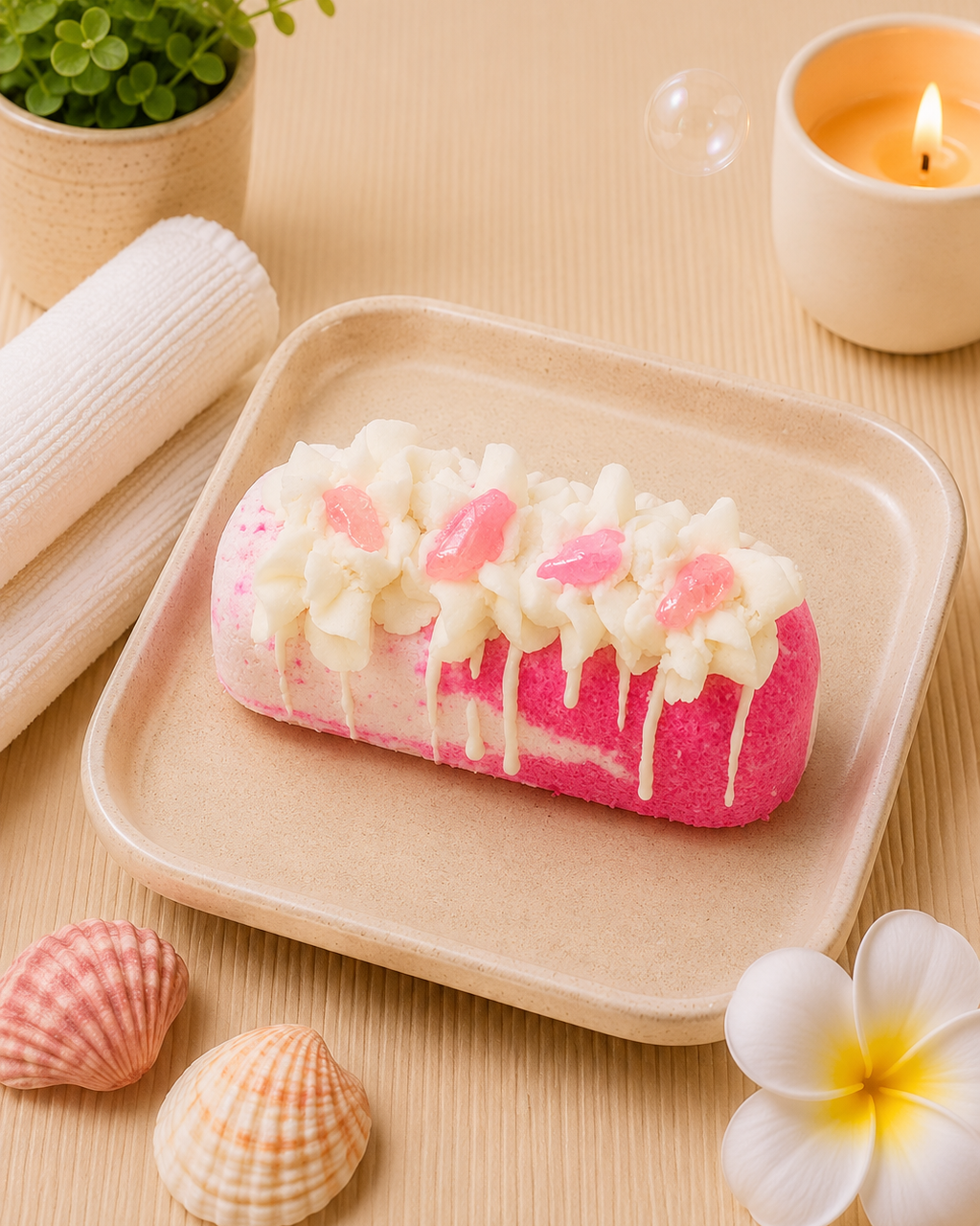 A pink bath bomb with white chocolate-drizzle details and pink flower decorations, presented on a beige tray with spa-themed props including a candle, plant, shells, and a flower on a beige background.