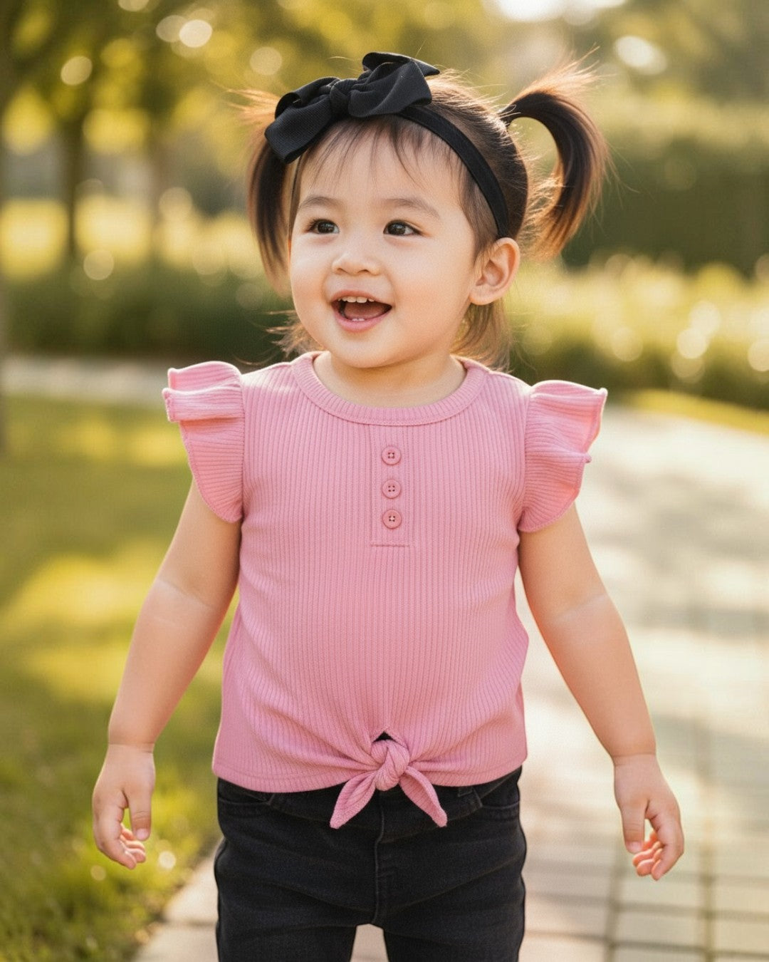 Child wearing a pink shirt with ruffled sleeves and a black bow headband outdoors.